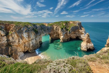 Fototapeta premium A scenic image of a large body of water next to a cliff. Perfect for nature and travel concepts