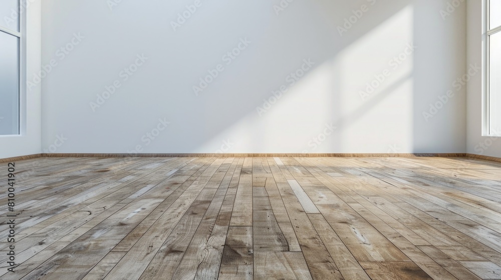 Poster an empty room with a wooden floor and large windows. suitable for real estate or interior design con