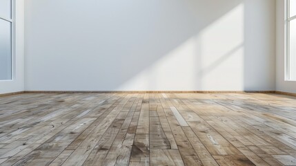 Naklejka premium An empty room with a wooden floor and large windows. Suitable for real estate or interior design concepts
