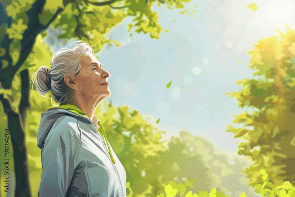 Poster woman standing in a forest looking up at the sky. suitable for nature and contemplation concepts