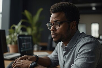 Pensive African American man in glasses distracted from computer work look in distance thinking or pondering, thoughtful biracial male lost in thoughts make plans visualizing, business vision concept