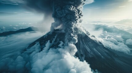 large active volcano with a large smoke trail aerial view