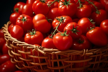 Juicy whole tomatoes with vine in a rustic wicker basket on a dark background