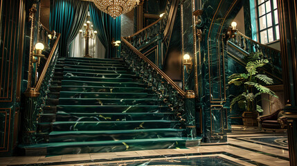 Obraz premium Opulent entryway with a deep emerald green marble staircase lush velvet drapes and a large brass chandelier