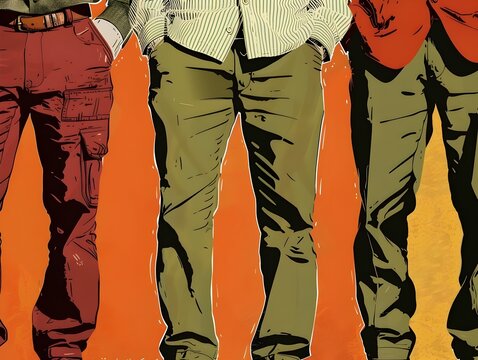 Casual group of men in various colored pants or trousers with their hands in their pockets,conveying a sense of nervousness or apprehension