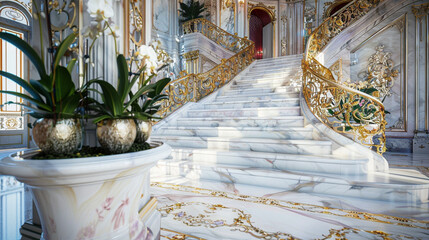 Opulent luxury hall with a pearl white marble staircase floral-patterned gold iron railings and...