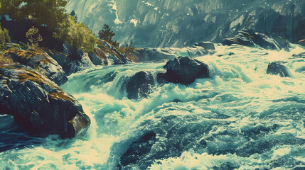 A rugged mountain stream with water forcefully carving through rocky terrain, creating white water rapids