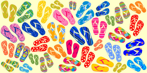 Seamless pattern with colorful flip flops, summer slippers on a yellow background. Pool shoes background.  Good for textile fabric design, wrapping paper, website wallpapers. Vector