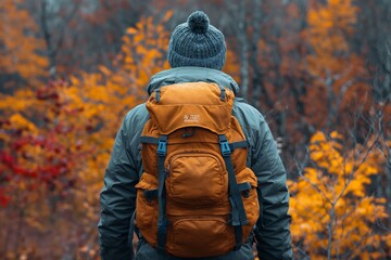 Obraz premium Person with backpack in autumn forest