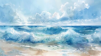 Panoramic view of rough sea waves in watercolor painting with deep blues and soft sky