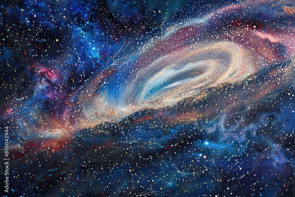 Poster a mesmerizing painting of a spiral galaxy with a black hole at its center. perfect for science and s