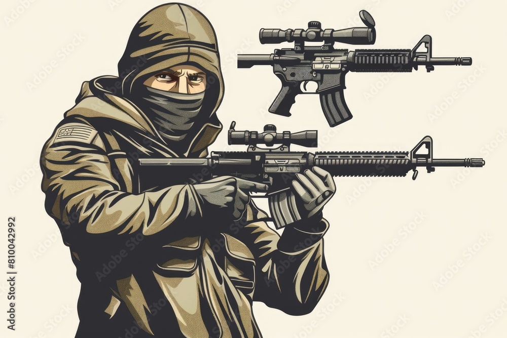 Poster A man with a gun in his hand. Suitable for security concepts