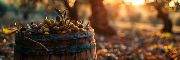A rustic wooden basket filled with freshly harvested olives, placed on the ground of an olive farm during the golden hour