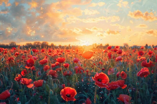 Vibrant red poppies blooming in a field under a dramatic cloudy sky. Suitable for nature or floral themes