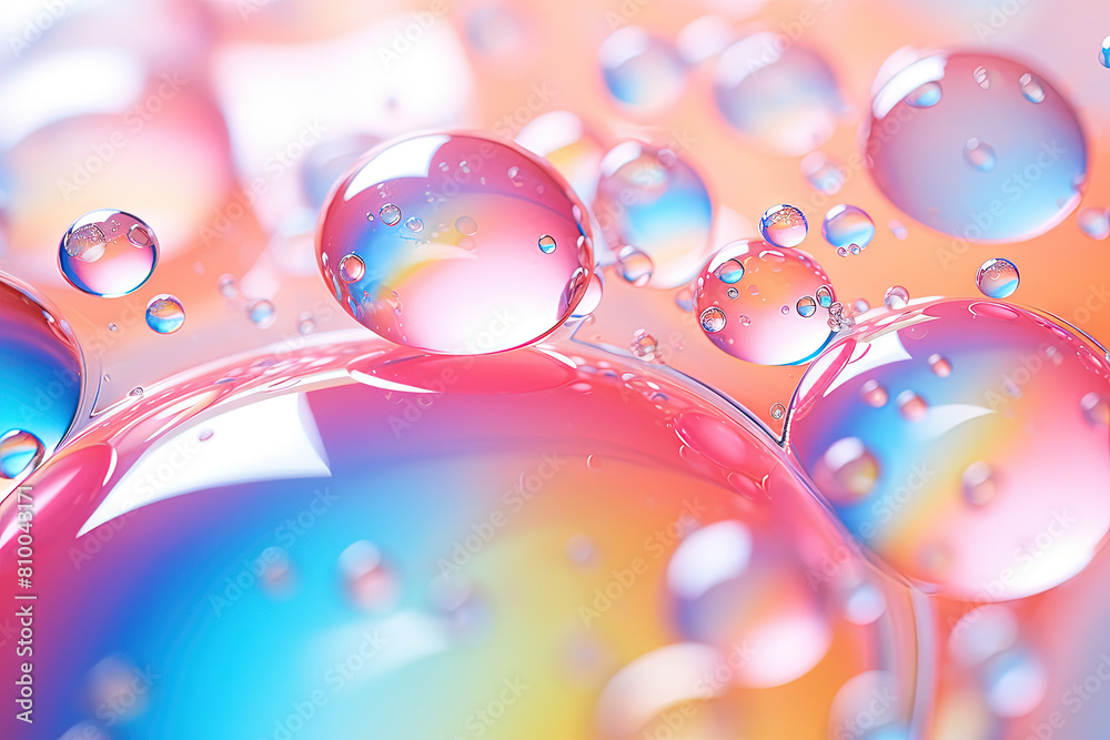 Aufkleber pink holographic bubbles floating on the soft colorful abstract background in beautiful vivid tones.