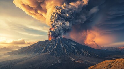 large active volcano with a large trail of smoke at sunset in high resolution and high quality....