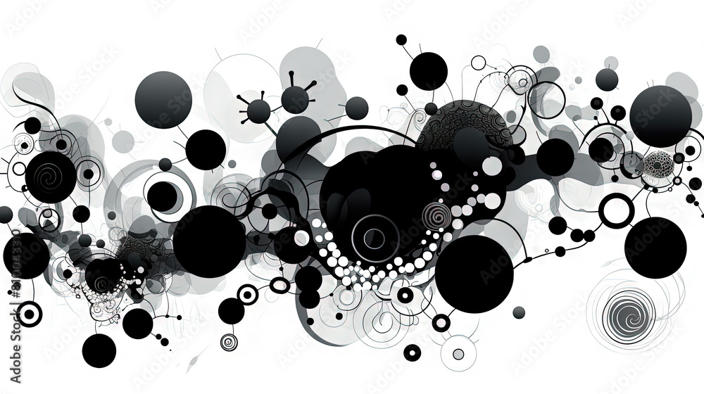 Poster geometric abstract background with black dots, circles and lines.