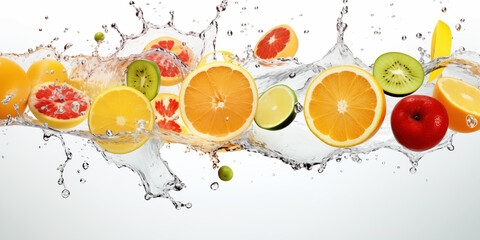 sliced fruits floating with a splash of water in the air on a slow motion style on a pure white...