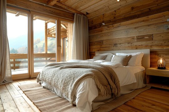 bedroom cozy wooden house hotel country. chalet. 