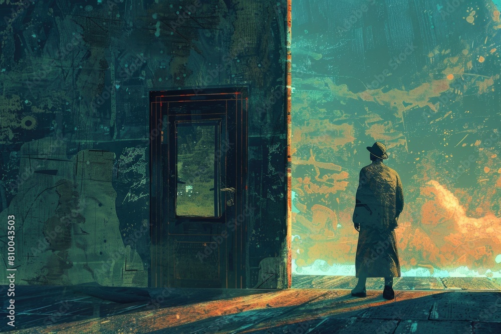 Poster a man standing in front of a doorway, suitable for various business concepts