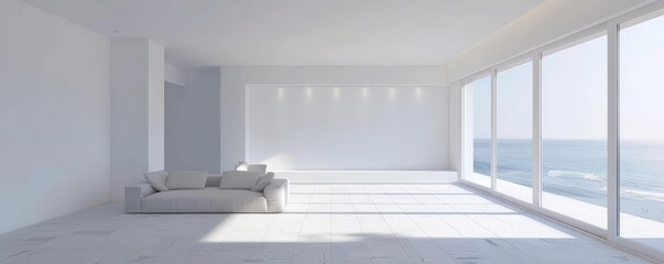 minimalist white room interior with large windows overlooking ocean, featuring a white chair and floor