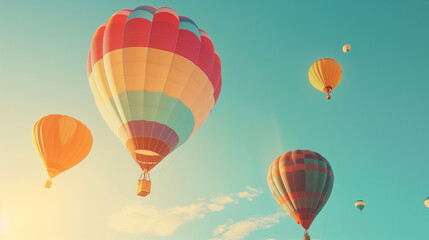Colorful Hot Air Balloons Floating in Sunset Sky, Festive Airborne Event