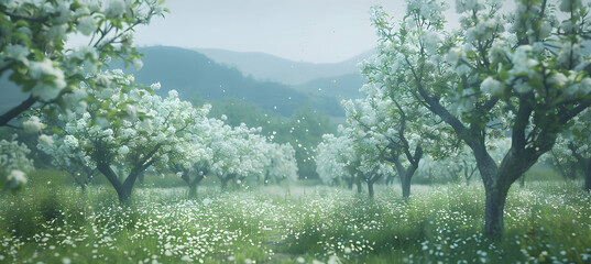 A serene apple orchard in full bloom, white blossoms covering the trees, with a soft-focus mountain range in the distance