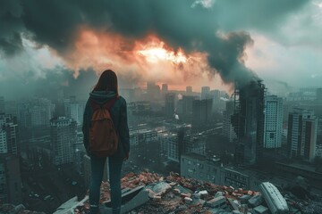 A woman stands on a pile of rubble looking out over a city
