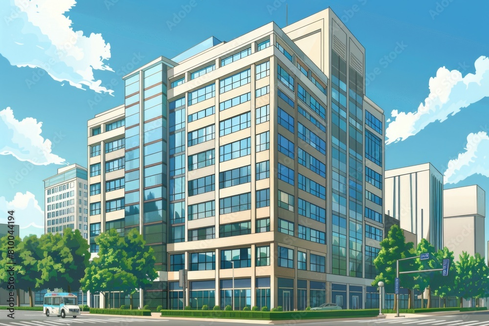 Poster A drawing of a large building with many windows. Suitable for business and architecture concepts
