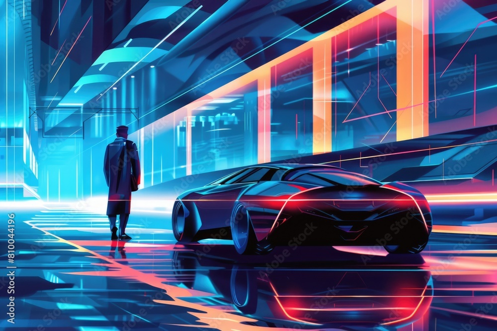 Poster a man walking down a street next to a futuristic car. suitable for technology and transportation con