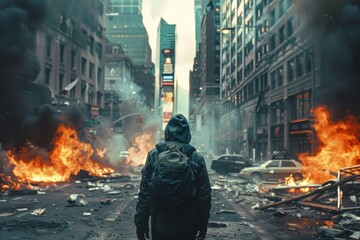 A man is walking down a street in a city that is on fire