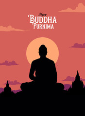 Happy Buddha Purnima calligraphy, Lettering with Buddha meditating silhouette vector illustration for social media banner design