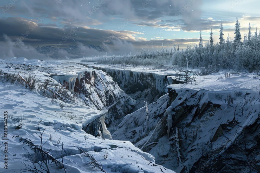 Poster a scenic view of a snowy landscape with a majestic waterfall. perfect for nature and travel concepts