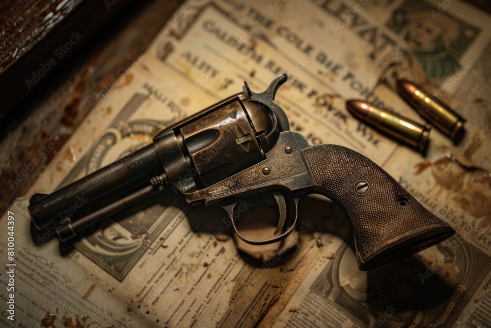 Poster A revolver and a bullet placed on a table. Suitable for crime and weapon concepts