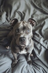 Obraz premium A cute dog with striking blue eyes sitting on a comfortable bed. Suitable for pet lovers or animal-related content