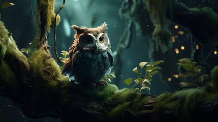 A wise old owl perched on a moss-covered branch in the mysterious depths of the jungle.