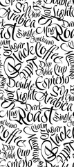 Seamless pattern of coffee-themed calligraphic words. Background for packaging, textile, print