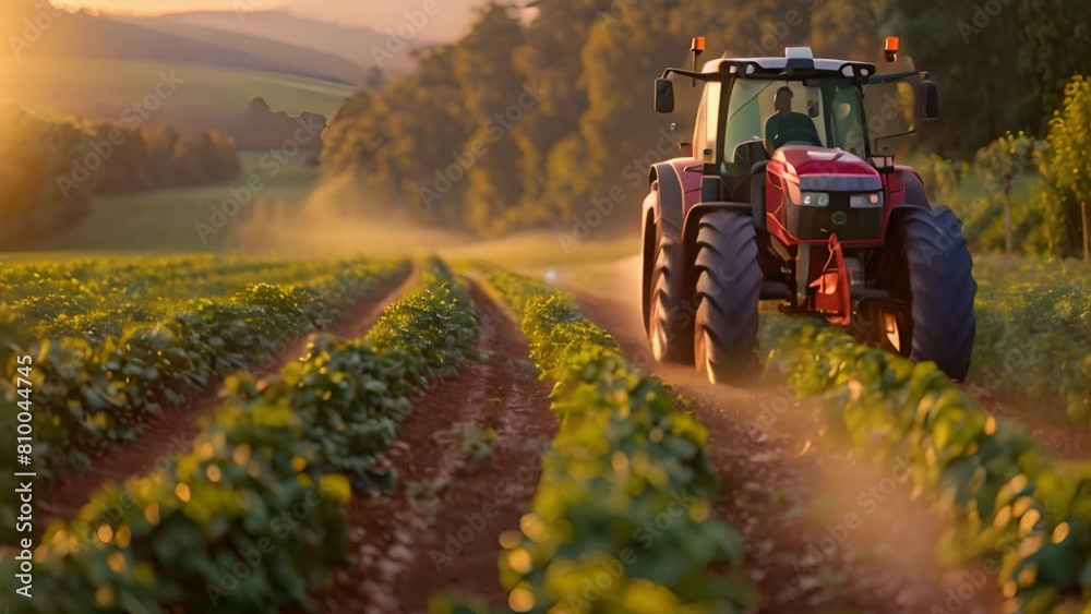 Poster a tractor is seen driving through a vast field of crops under a clear sky.