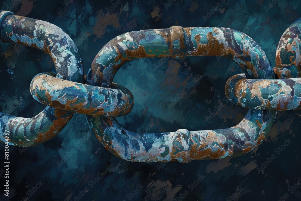 Poster close up shot of a chain on a blue backdrop, suitable for industrial and abstract concepts