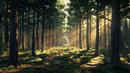 A serene early morning in a dense coniferous forest, the sunlight filtering through tall pine trees, casting long shadows on a carpet of pine needles
