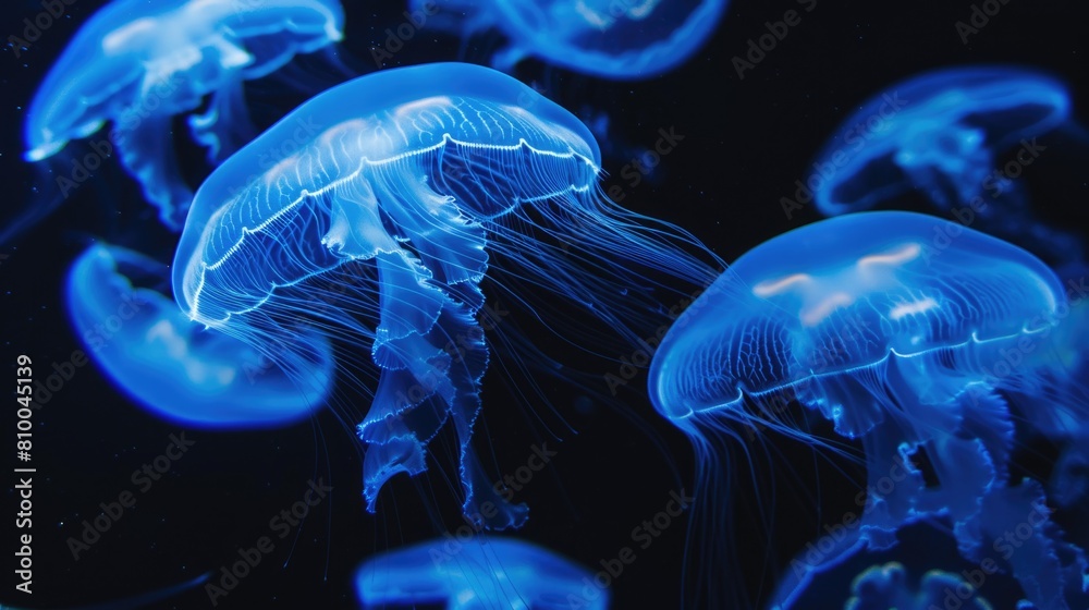 Poster A group of jellyfish swimming in the ocean. Suitable for marine life concepts