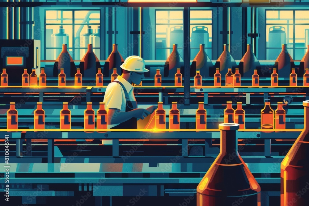 Poster a man standing in front of bottles on a conveyor belt. suitable for industrial and manufacturing con