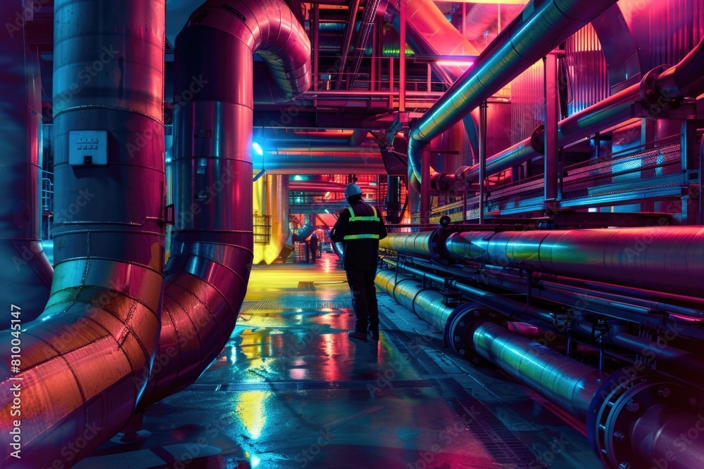 Poster a man standing in a large room with pipes. suitable for industrial concepts