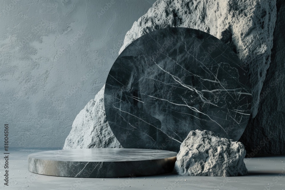Poster A large rock next to a round table, suitable for various concepts and designs