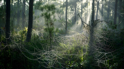 A serene early morning in a temperate forest, with sunlight filtering through dense foliage, highlighting the dew on spider webs