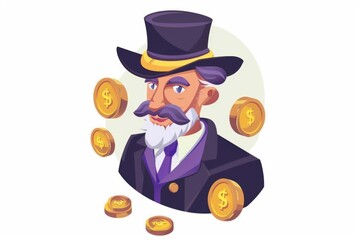 A man in a classy top hat and suit holding coins. Suitable for financial concepts