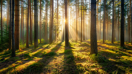 Obraz premium A serene early morning in a dense coniferous forest, the sunlight filtering through tall pine trees, casting long shadows on a carpet of pine needles