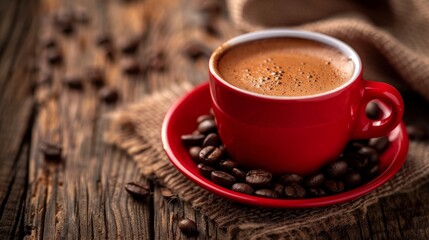 A red coffee cup filled with coffee on a wooden table.