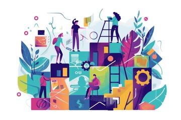 Group of people standing on top of a building. Suitable for urban and teamwork concepts