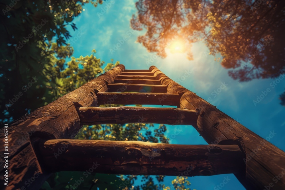 Poster a wooden ladder extending upwards, symbolizing growth and progress. suitable for business and motiva